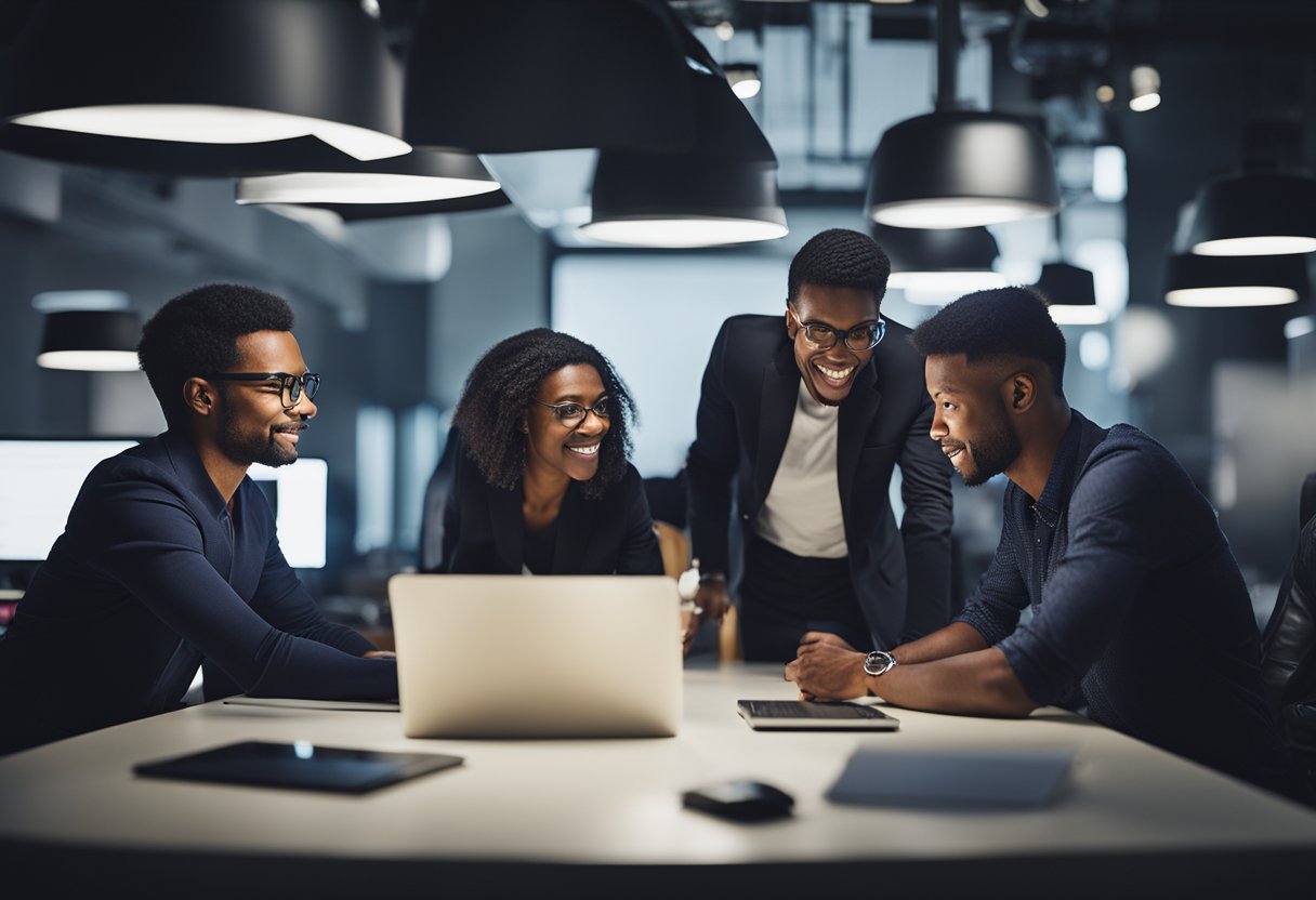 A team of diverse technical professionals collaborating around a project-specific task