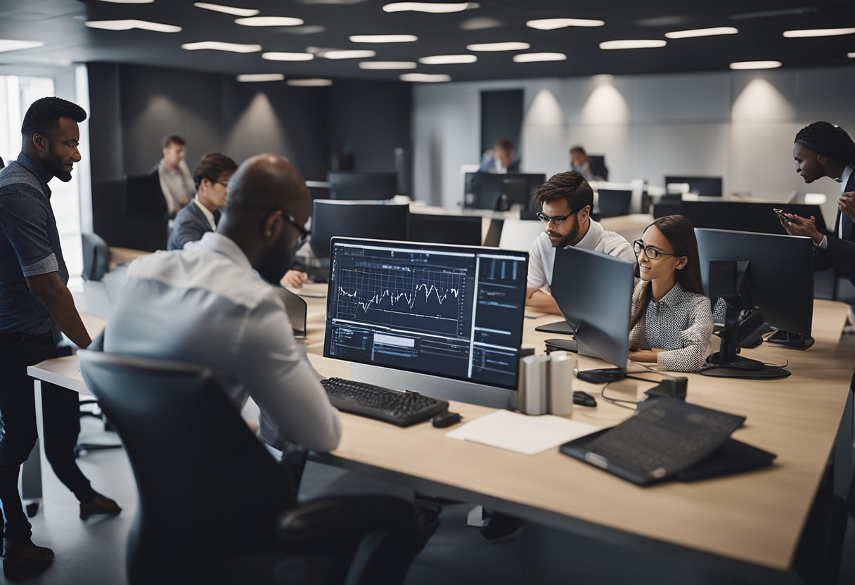 A team of engineers collaborating on a complex technical project, brainstorming and problem-solving together in a modern office setting