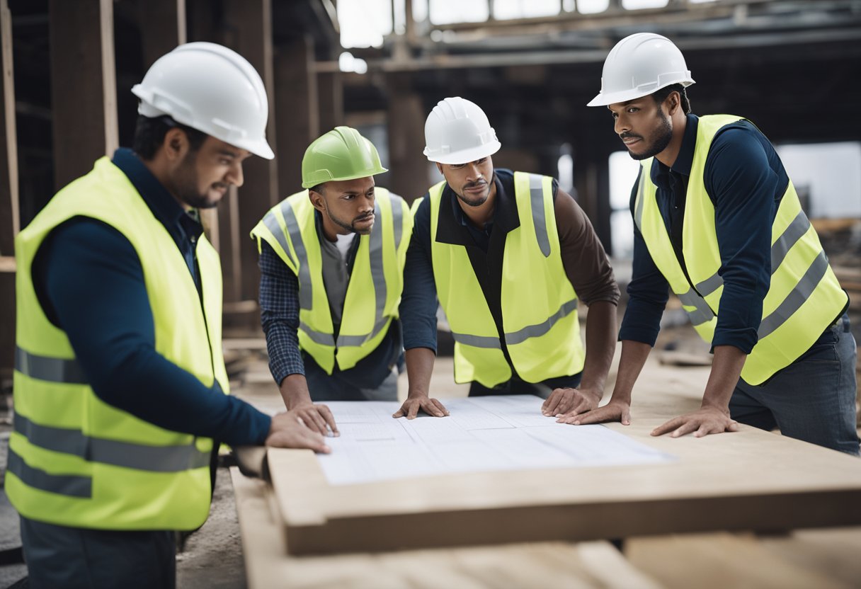 A team of construction workers collaborating on a project, with one member providing technical support and guidance to the others