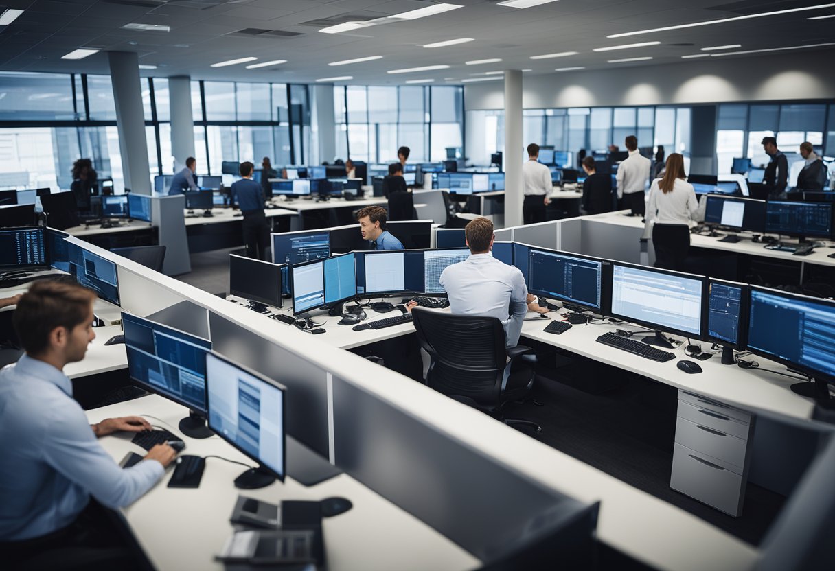 A busy office with a team of professionals collaborating on technical projects, surrounded by computer screens and advanced technology equipment