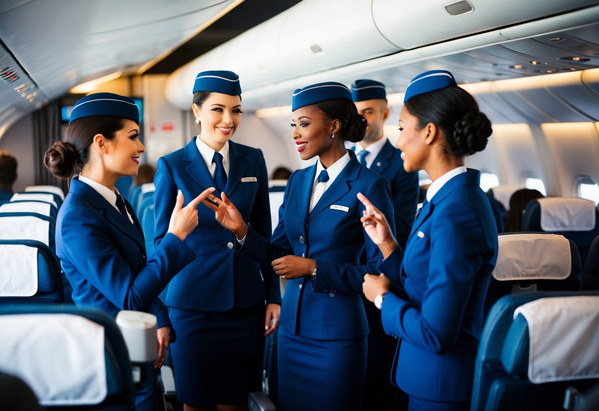 Um grupo de comissários de bordo conversando e gesticulando com passageiros em uma cabine de avião, com equipamentos de segurança e assentos visíveis ao fundo.
