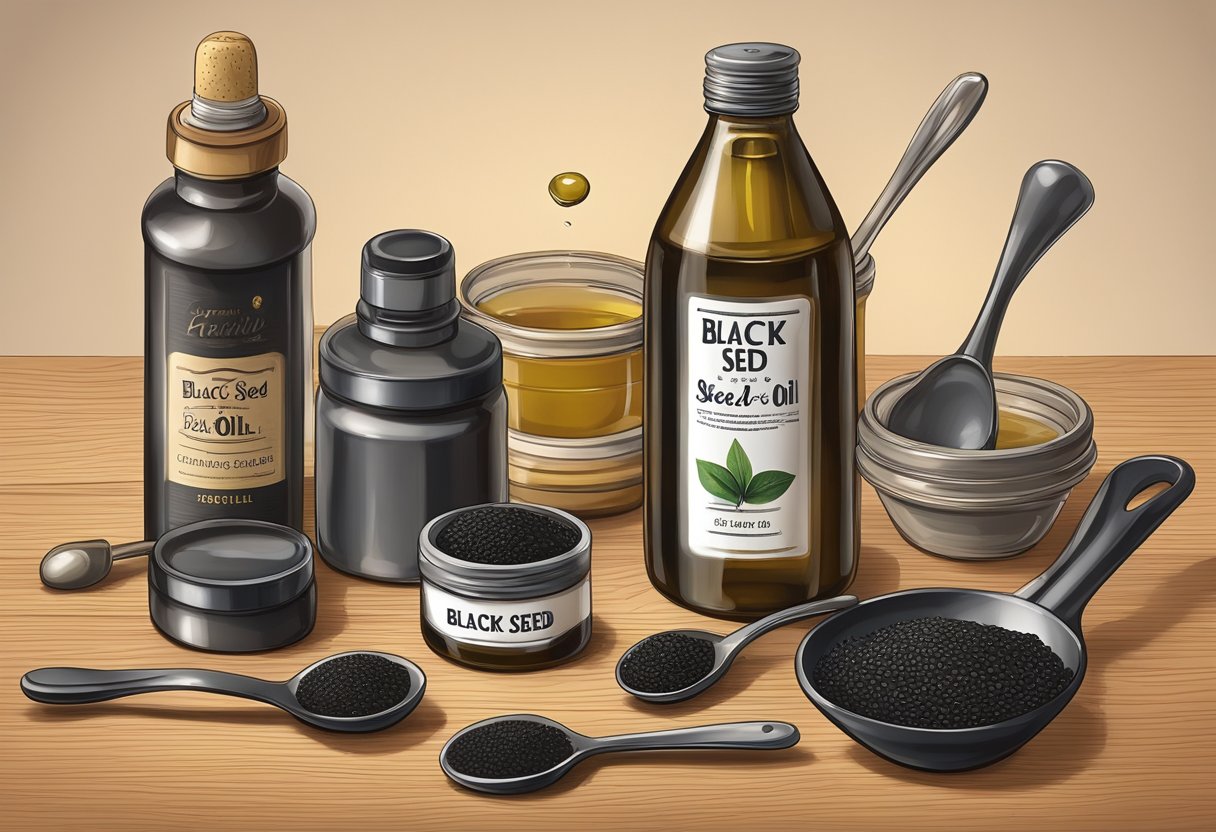 A bottle of black seed oil sits on a wooden table, surrounded by various measuring tools and a spoon. The bottle is open, with a small amount of oil poured out onto the spoon