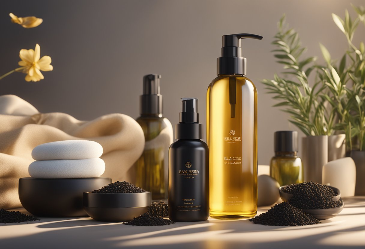 A bottle of black seed oil surrounded by various skincare products and natural ingredients, with a soft, warm light illuminating the scene