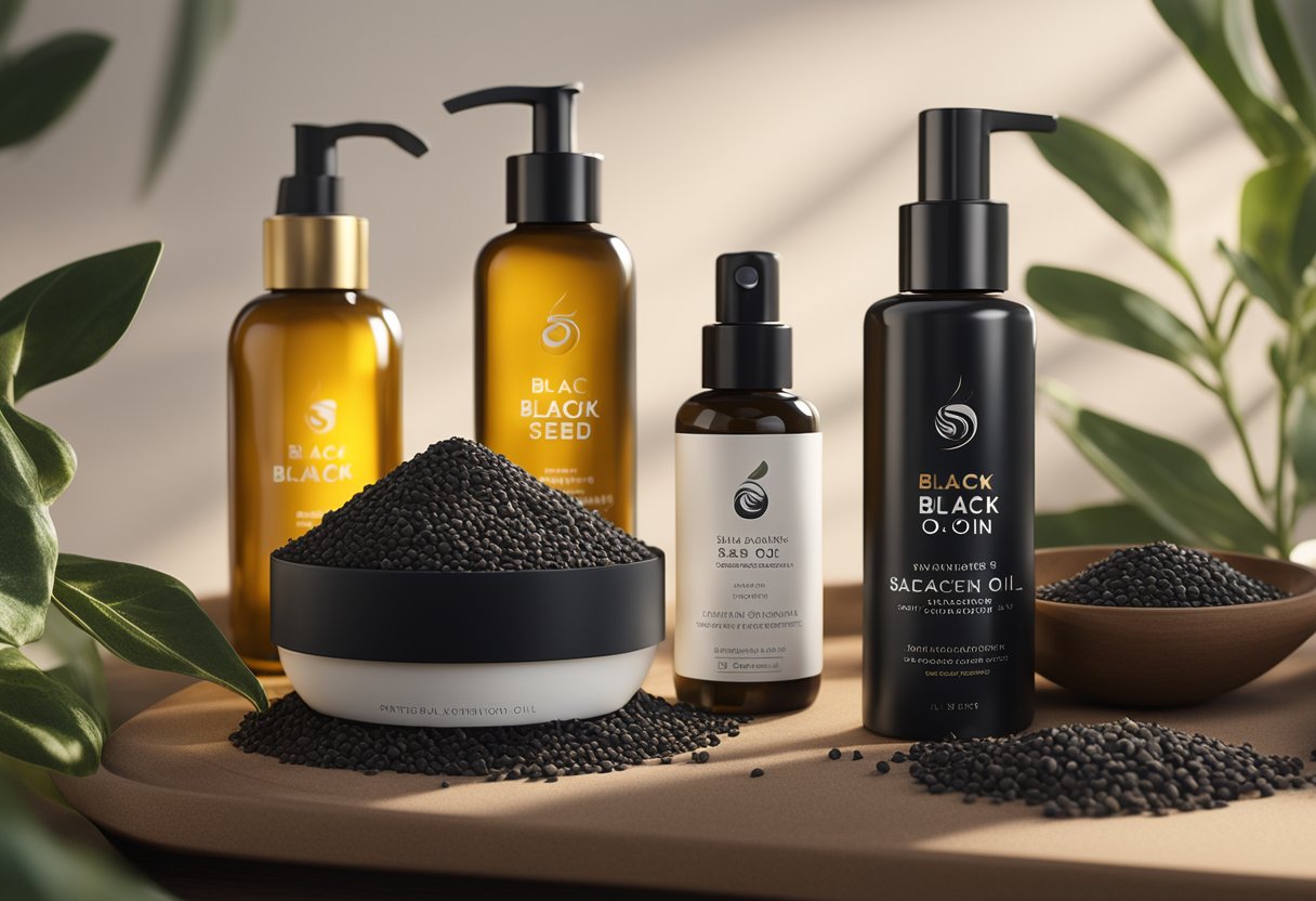 A bottle of black seed oil surrounded by various skincare products and natural ingredients, with a focus on its benefits for skin