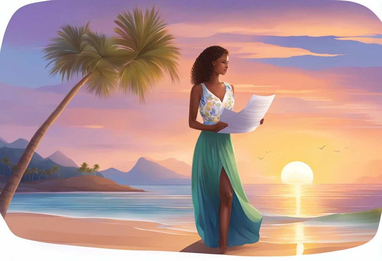 A serene beach with a sunset backdrop, a woman in a flowing dress holding a certificate under a palm tree