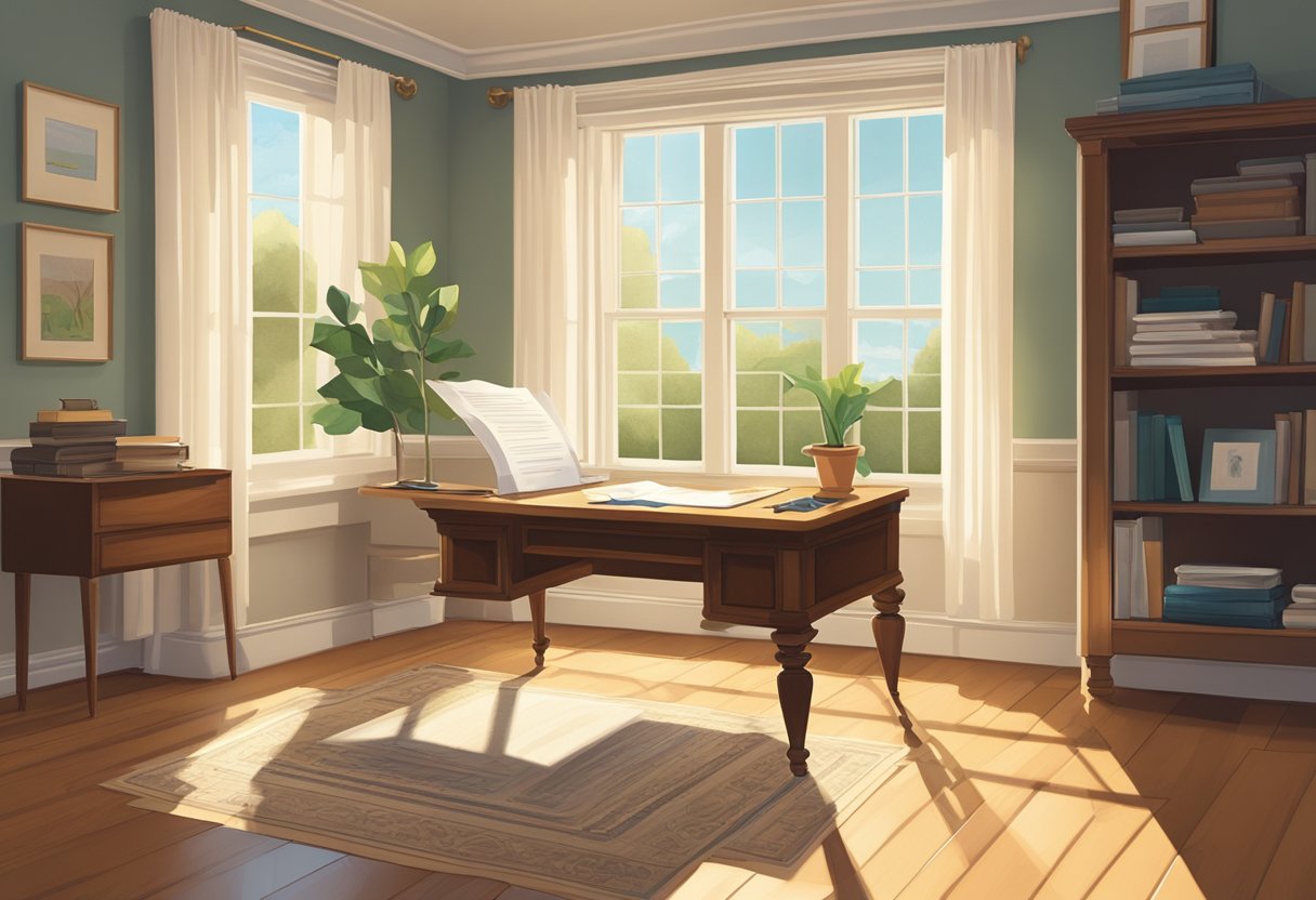 A serene, sunlit room with a large oak desk, a stack of papers, and a framed certificate hung on the wall. A potted plant sits on the windowsill, casting a shadow on the polished hardwood floor