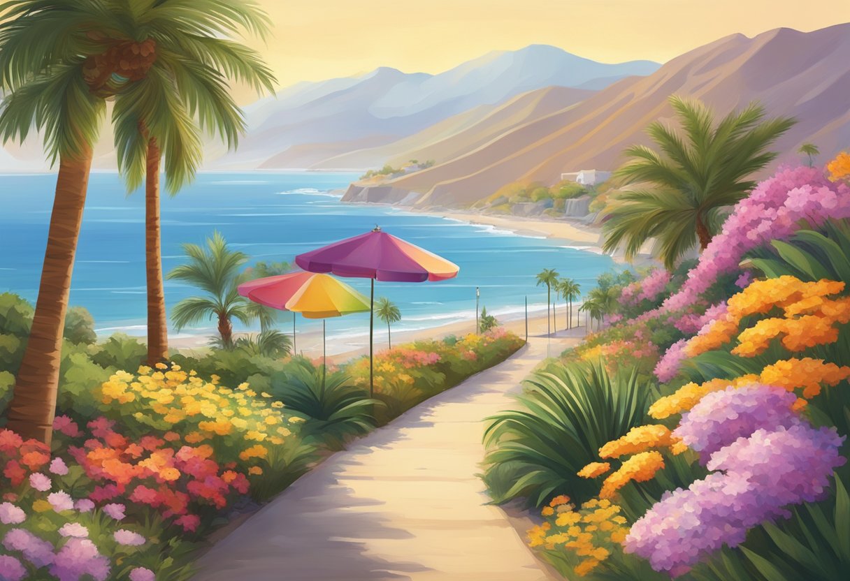 A sunny California beach with a palm tree and a pathway leading to a certification center surrounded by blooming flowers