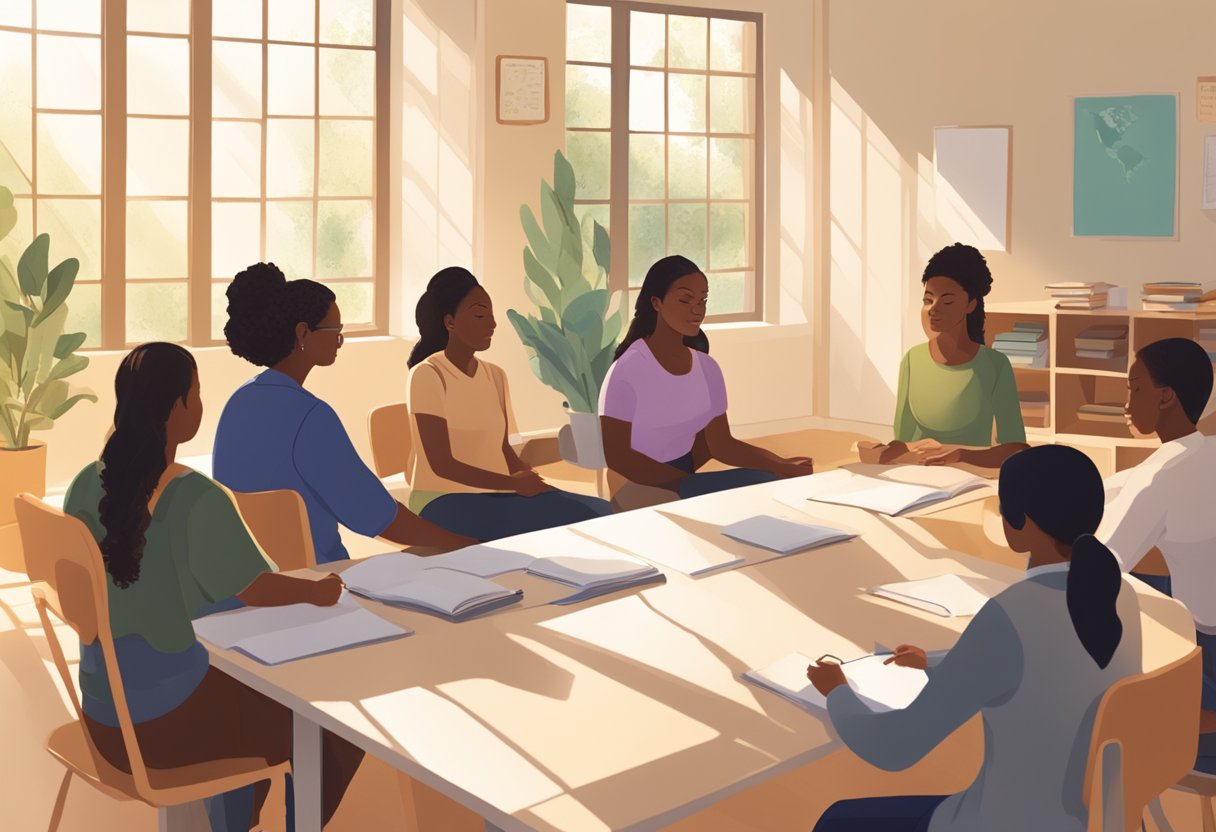 A serene, sunlit classroom with diverse students and instructors discussing doula training materials and techniques