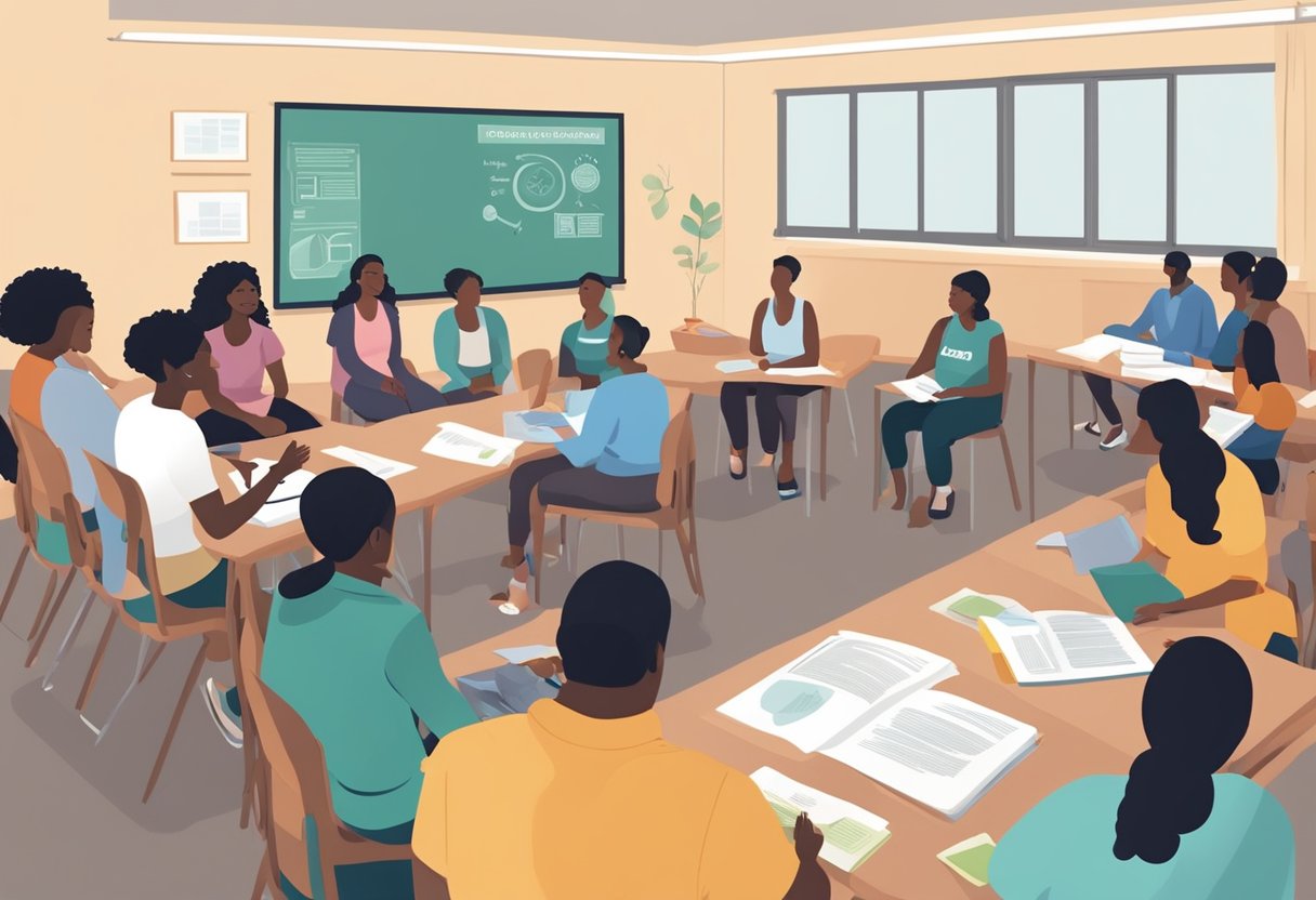 A group of individuals are gathered in a classroom, engaged in discussions and activities related to doula certification training. Materials such as textbooks, posters, and educational tools are visible in the room