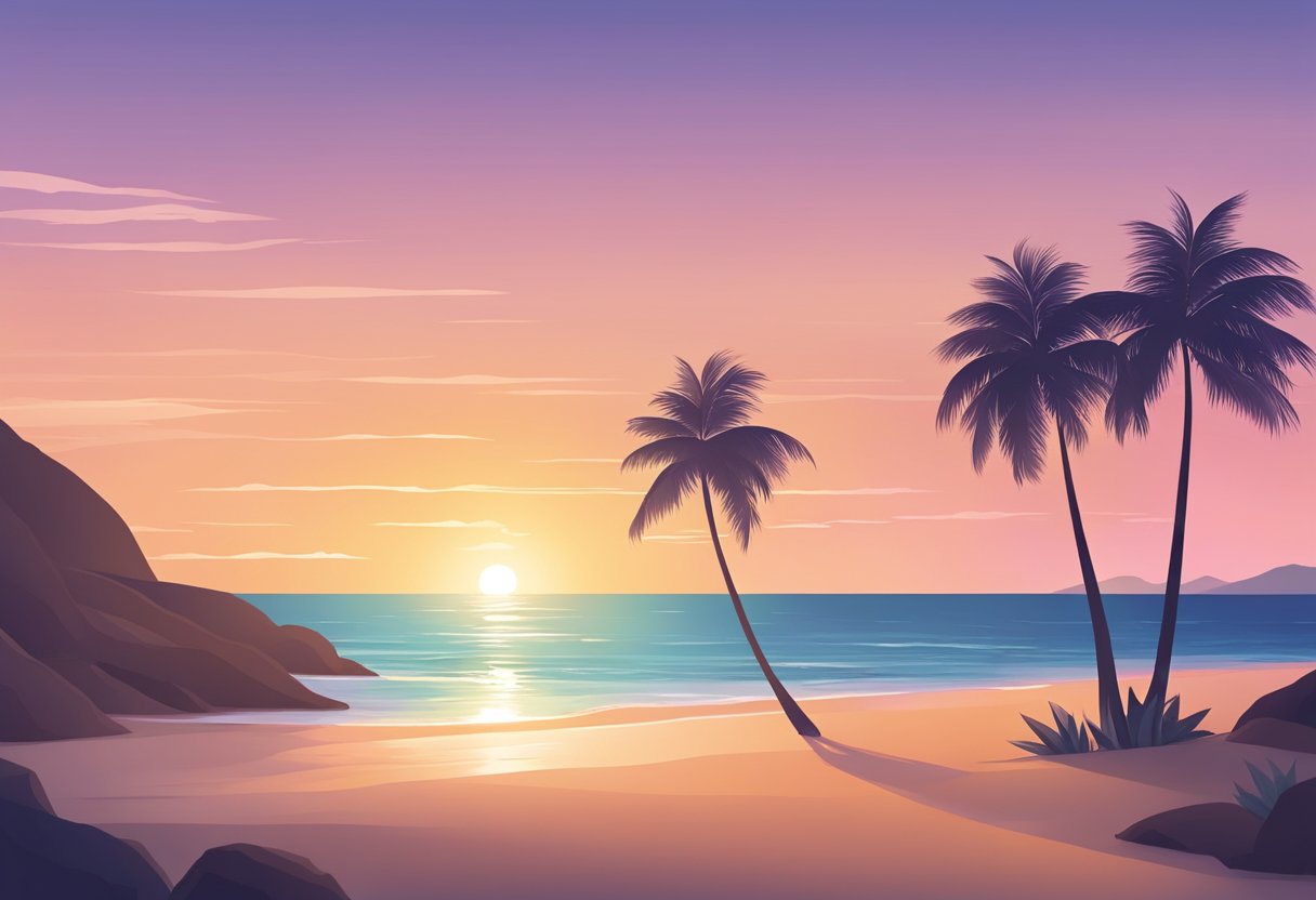 A serene beach at sunset with silhouettes of palm trees and a calm ocean, symbolizing the top doula training providers in California