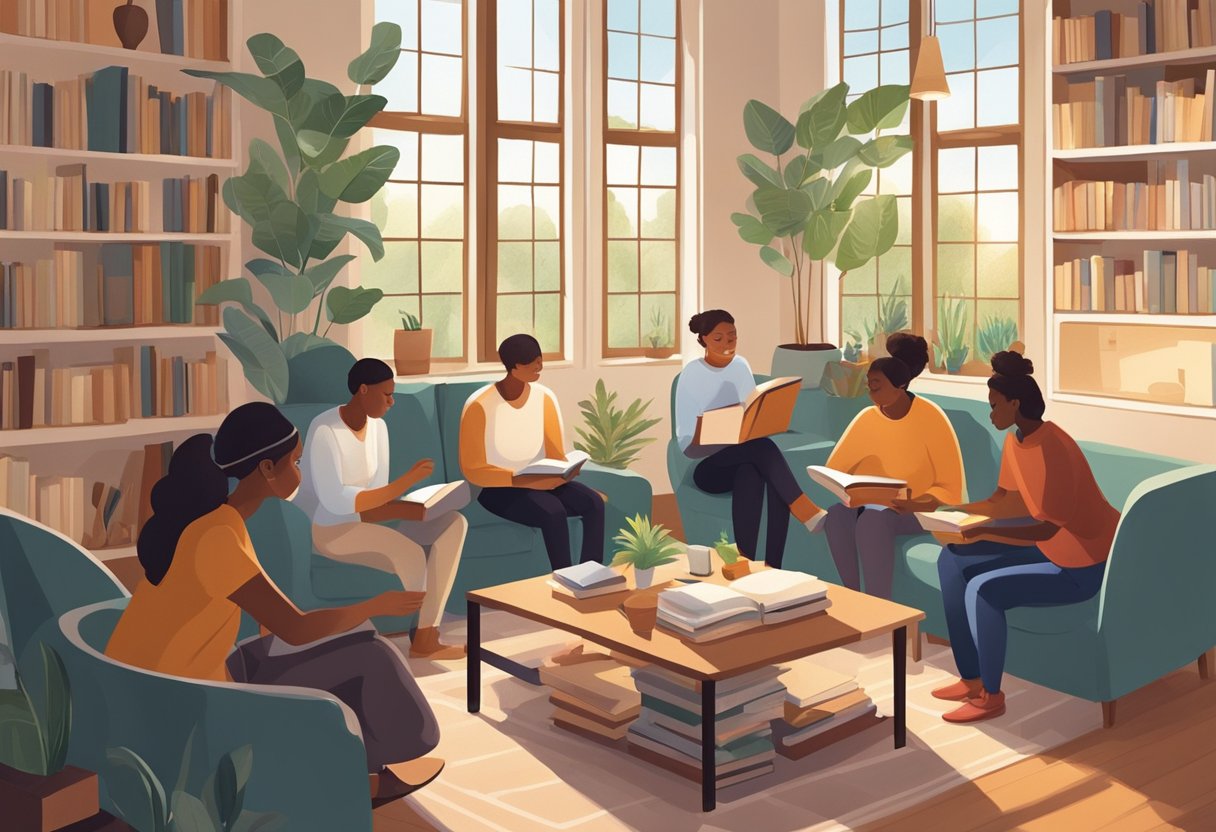 A serene, sunlit room with a cozy atmosphere, filled with books, educational materials, and comfortable seating. A group of diverse individuals engaging in discussions and hands-on activities