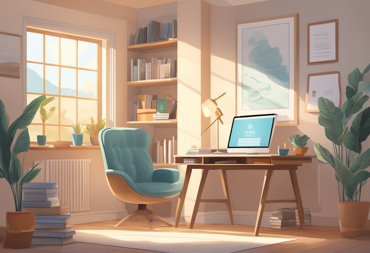 A serene, sunlit room with a cozy armchair, a desk with study materials, and a computer displaying online doula certification courses