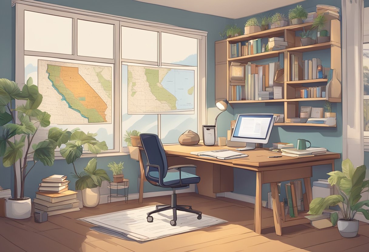 A cozy home office with a laptop, books, and study materials scattered on the desk. A calendar with important dates circled and a map of California on the wall