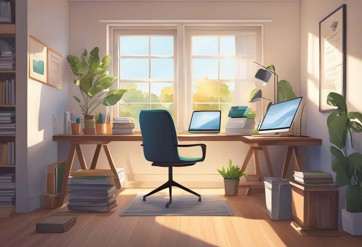 A cozy home office with a desk, computer, and certification materials. Calm, natural light streams in through a window, creating a peaceful study space