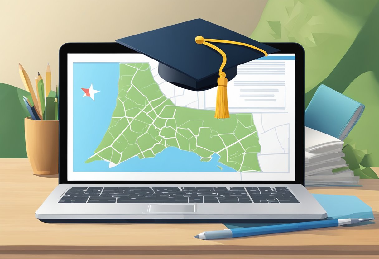 A laptop with a California map, a graduation cap, and a certificate on a desk