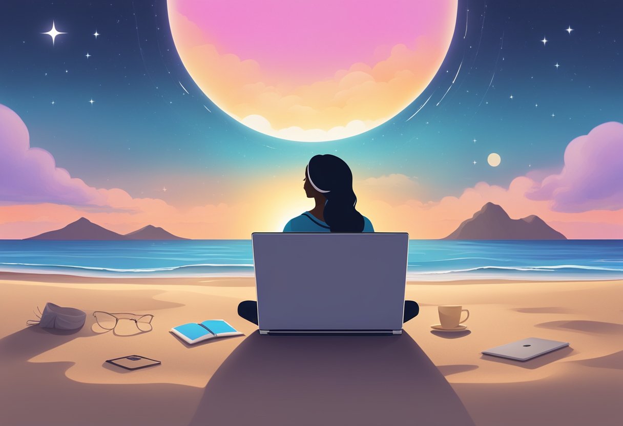 A serene beach with a sunset in the background, a silhouette of a doula symbol in the sky, and a laptop with an online certification program on the sand