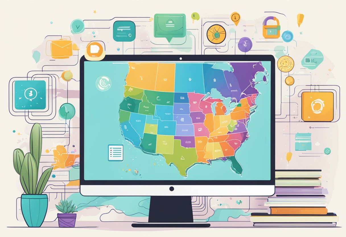 A computer with a California map on the screen, surrounded by colorful icons representing online doula certification programs