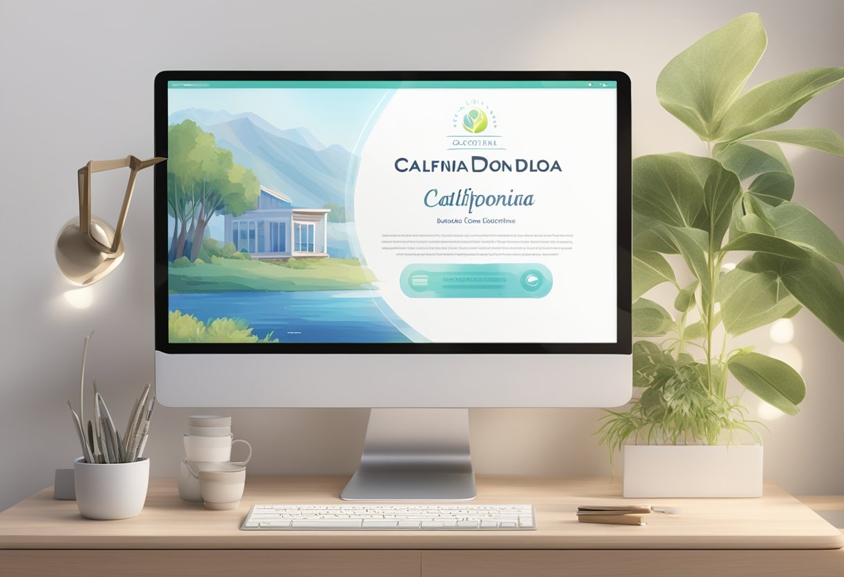 A serene and peaceful setting with a glowing computer screen displaying the California Doula Certification website. A certificate and diploma are hanging on the wall