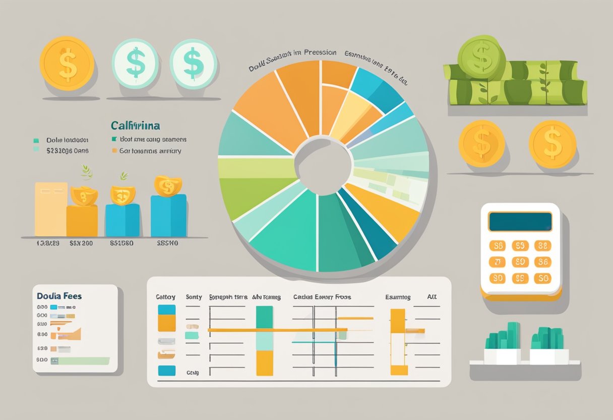 A doula's salary breakdown in California: a scale with dollar signs, a calculator, and a chart showing fees and earnings