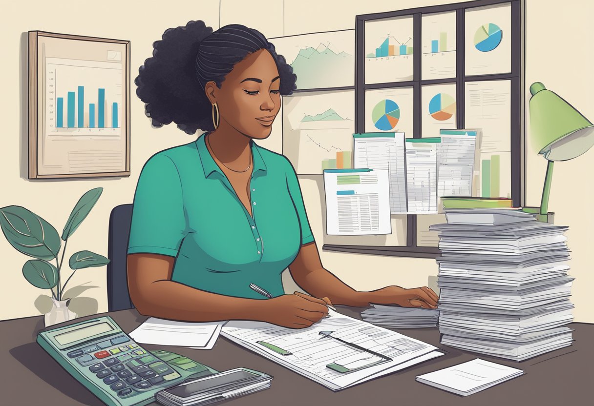 A doula sitting at a desk, surrounded by paperwork and a calculator. A chart showing salary breakdown and fees on the wall