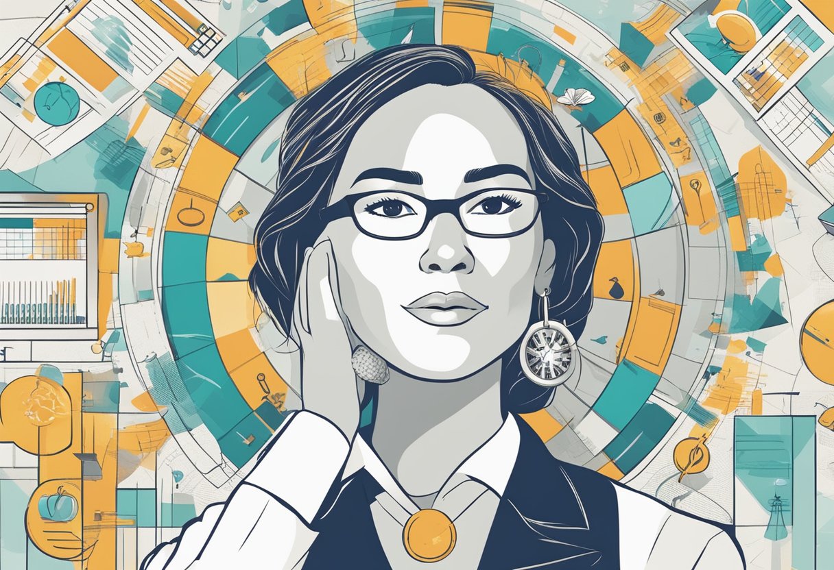 A doula surrounded by symbols of career advancement and opportunity, with dollar signs and charts representing salary breakdown