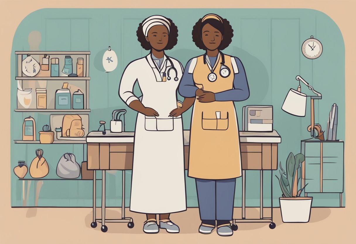 A doula and midwife stand side by side, each holding a different symbol representing their roles. The doula holds a comforting hand, while the midwife holds a stethoscope and a birthing tool