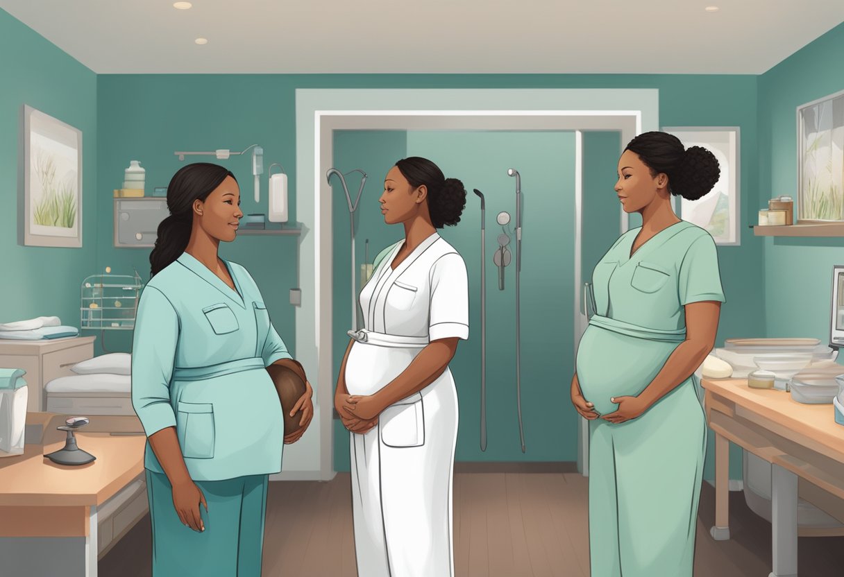 A doula and a midwife standing side by side, each holding their respective tools of the trade, surrounded by a serene birthing room