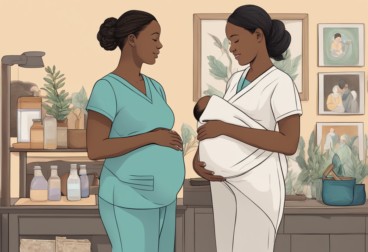 A doula and midwife stand side by side, each holding their respective tools of the trade. The doula has a comforting presence, while the midwife exudes confidence and knowledge. The backdrop includes images of expectant mothers and newborn babies