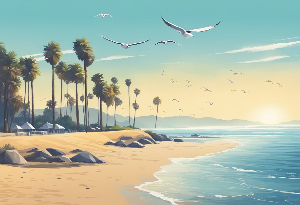 A sunny California beach with a calm ocean and a palm tree-lined coastline, with a clear blue sky and seagulls flying overhead