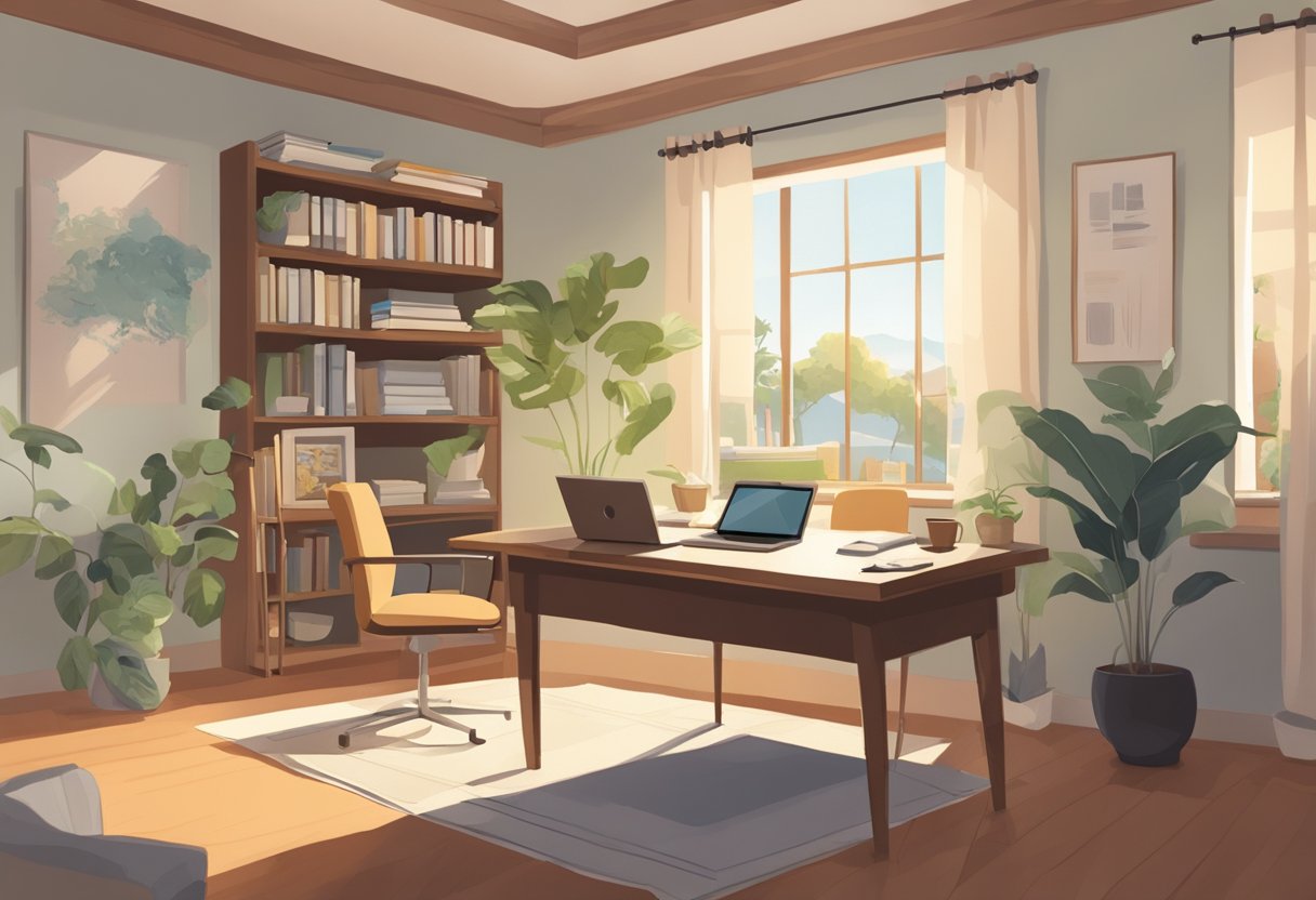 A serene, sunlit room with a cozy, inviting atmosphere. A desk with a laptop, a stack of paperwork, and a California map on the wall