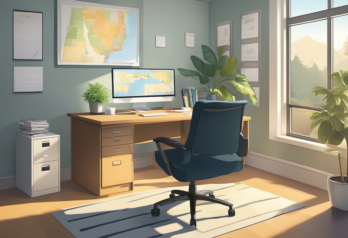 A serene, sunlit office space with a desk, computer, and file folders. A California state map and business license hang on the wall