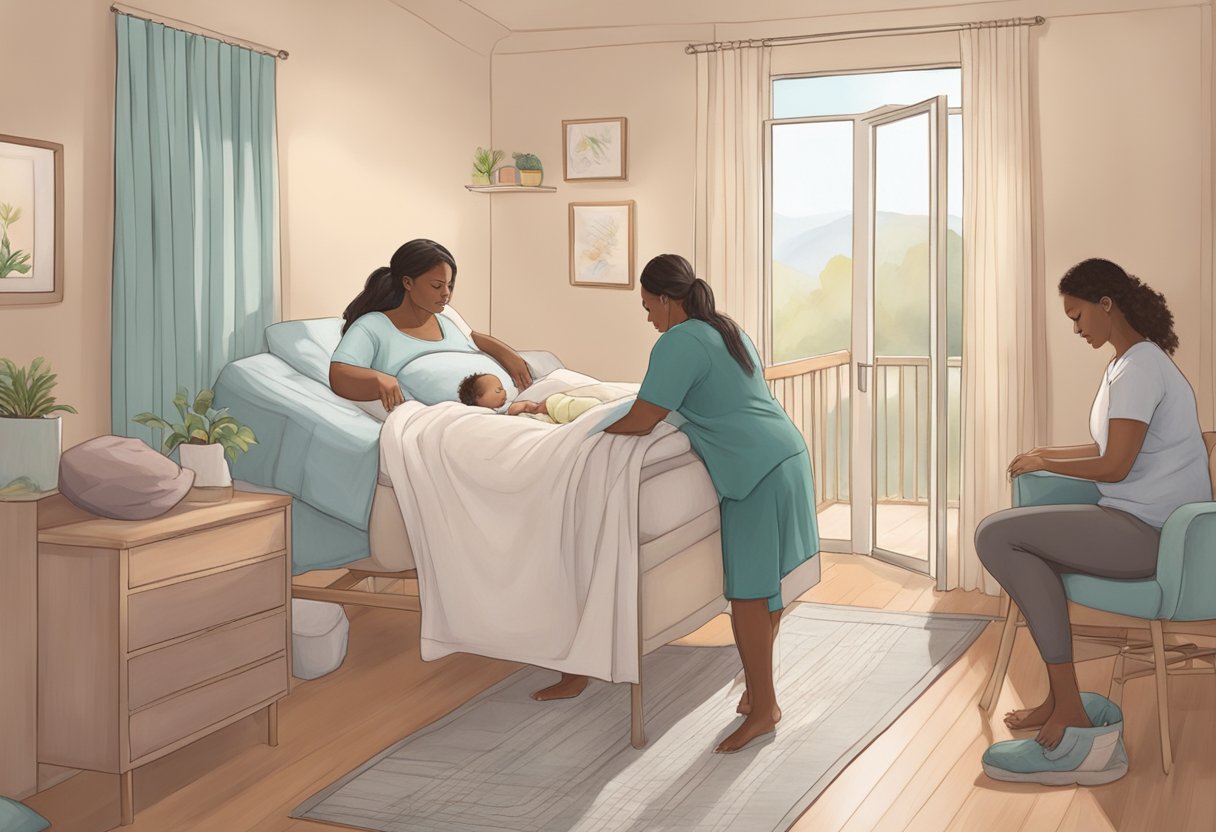 A serene birthing room with a certified doula providing support to a laboring mother, while a non-certified doula looks on uncertainly from the sidelines