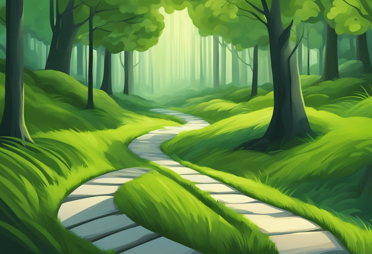 A serene, winding path through a lush, green forest leads to a glowing certification symbol, while a non-certification path fades into shadow