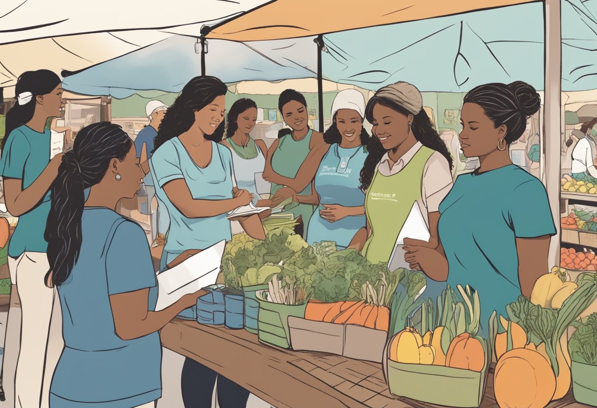 A group of doulas gather at a market in California, some holding certification badges while others do not. The contrast between certified and non-certified doulas is evident in their interactions with potential clients