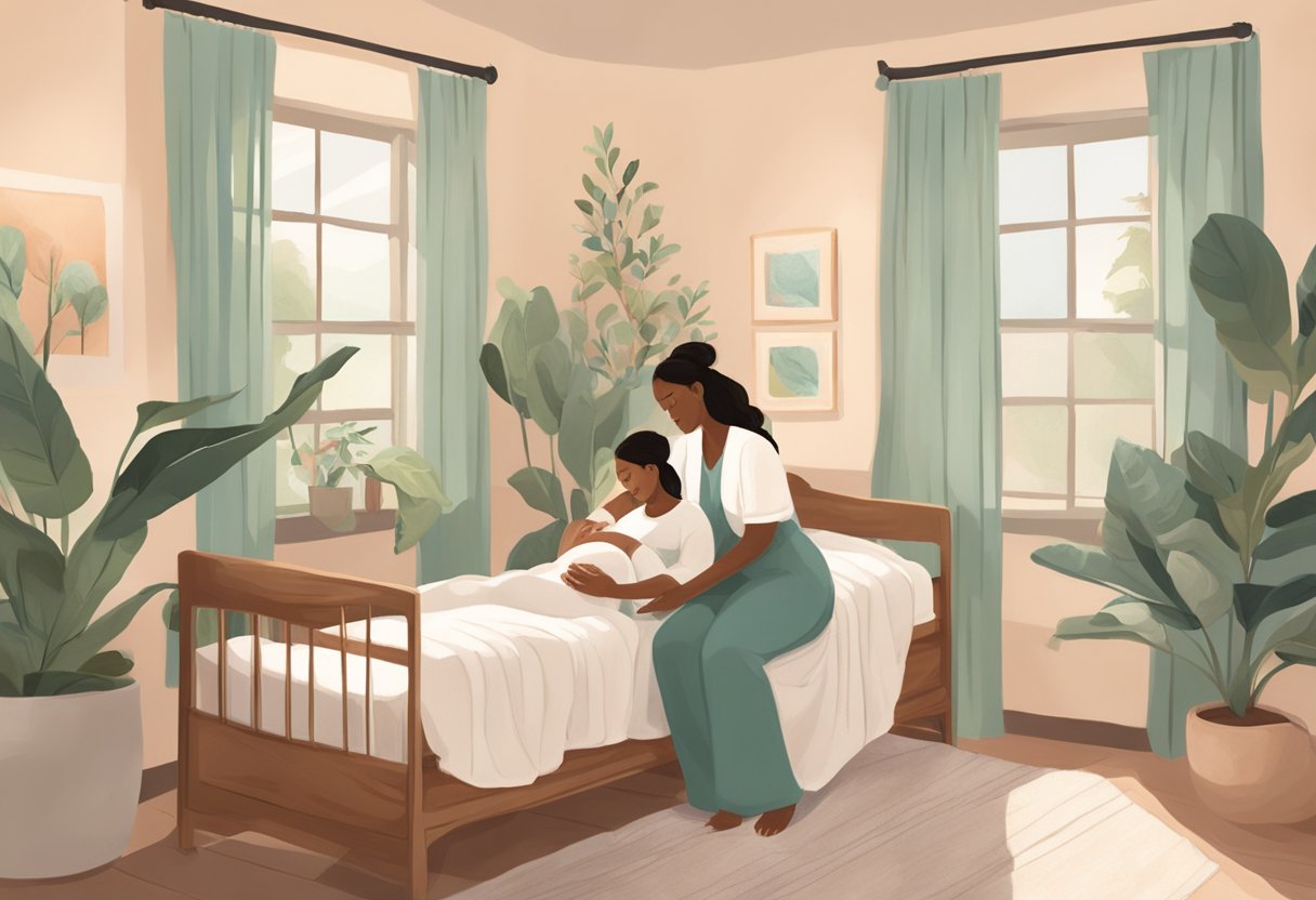 A serene doula comforting a laboring woman in a California birthing room, surrounded by calming decor and natural light