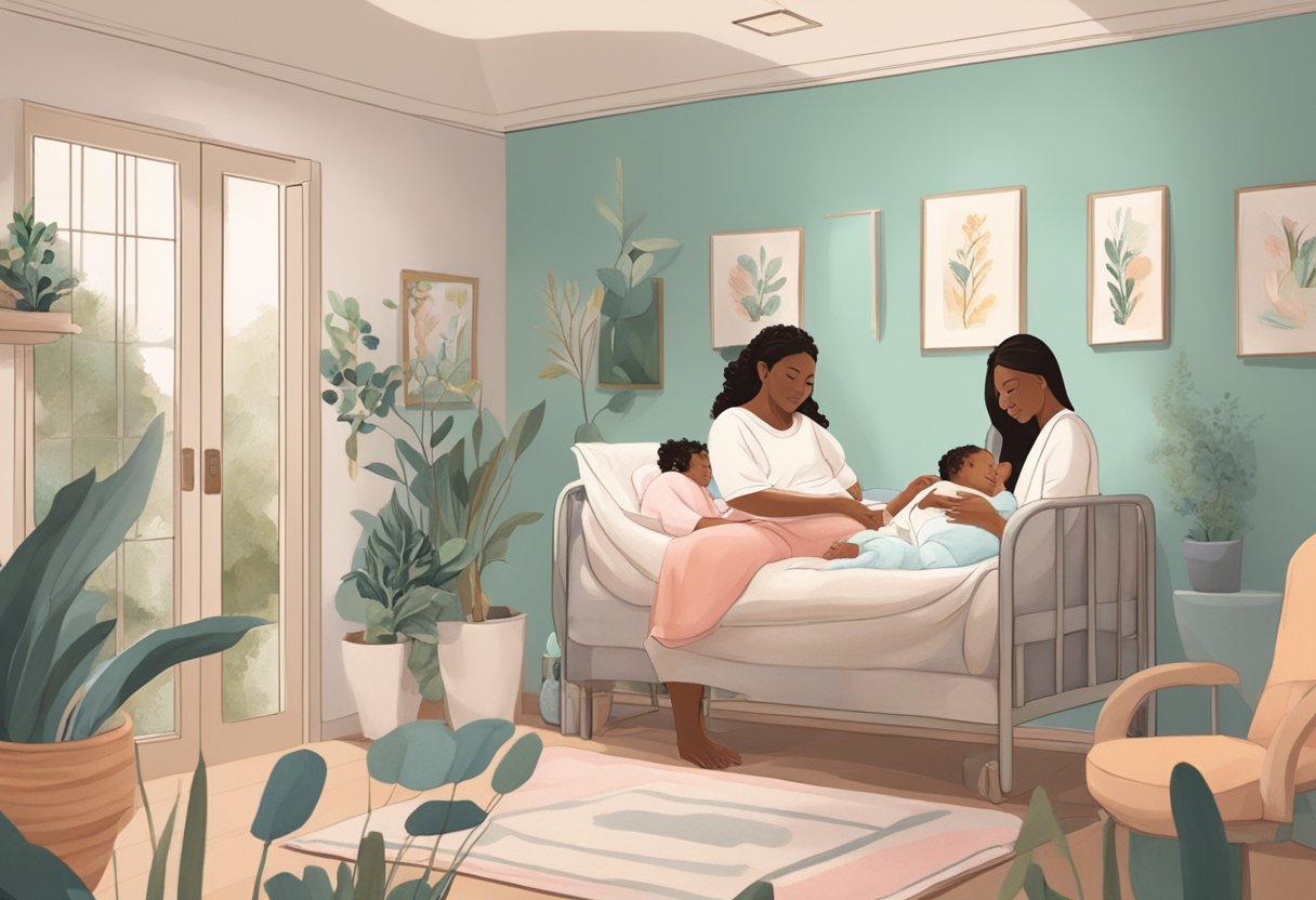 A serene birthing room with a mother surrounded by a supportive birth doula, while a postpartum doula tends to her needs