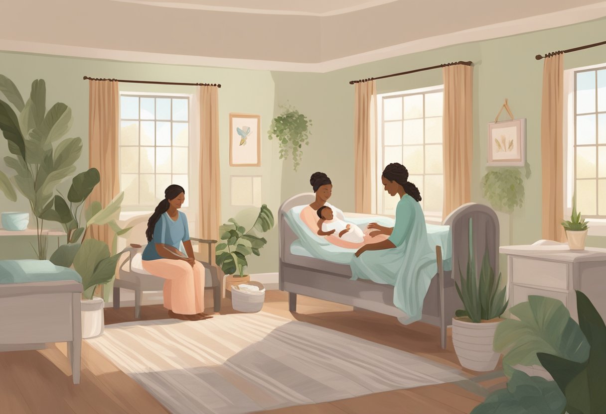 A serene birthing room with a comforting atmosphere, a supportive birth doula guiding a laboring mother, and a peaceful postpartum doula providing care after delivery