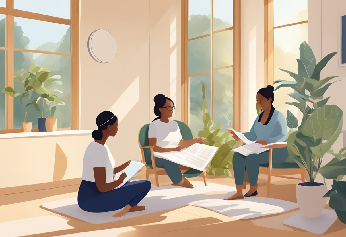 A serene, sunlit room with two doula figures discussing and comparing training materials and certification requirements in California