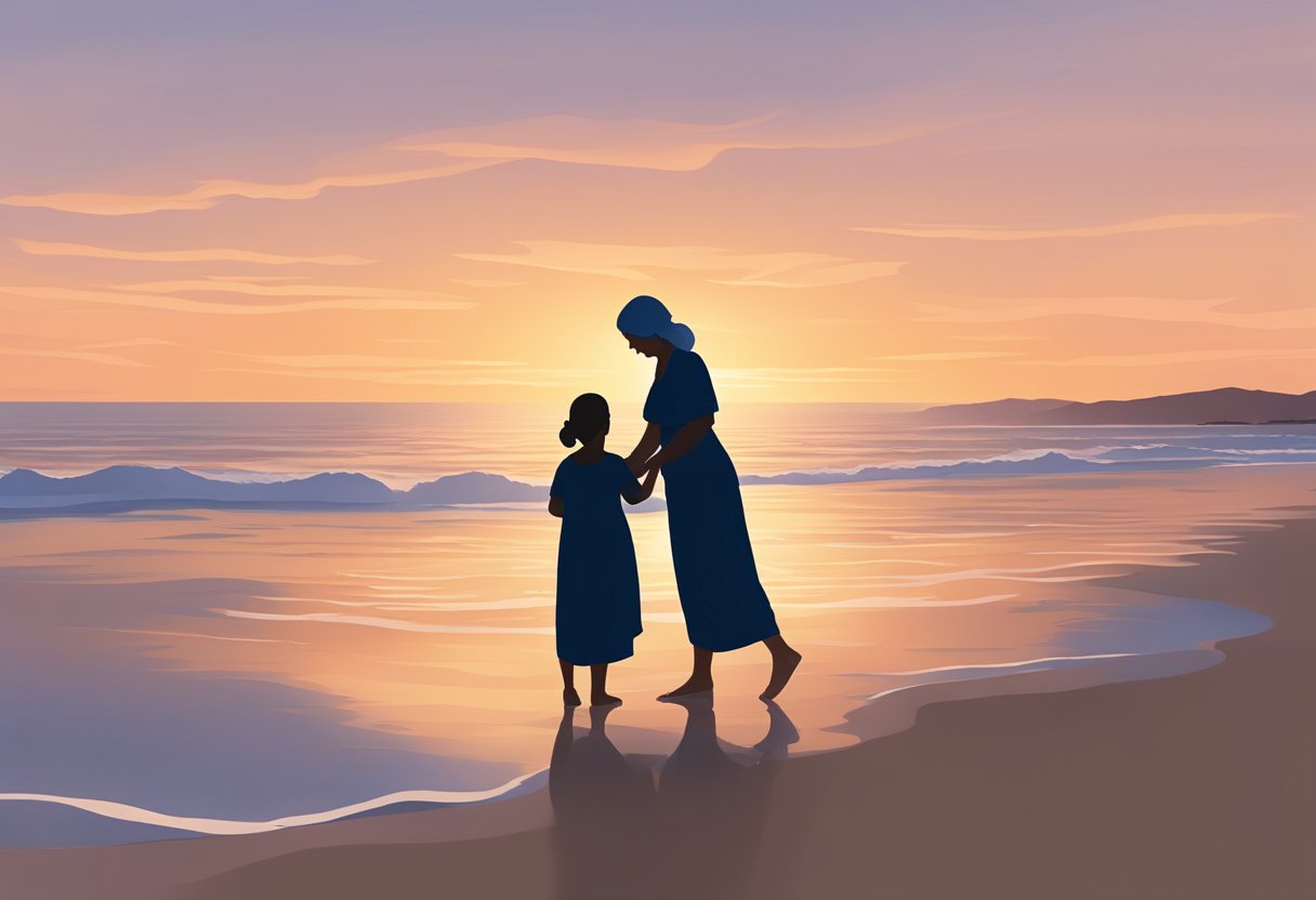 A serene California beach at sunrise, with a peaceful ocean, a gentle breeze, and a silhouette of a doula assisting a mother during labor