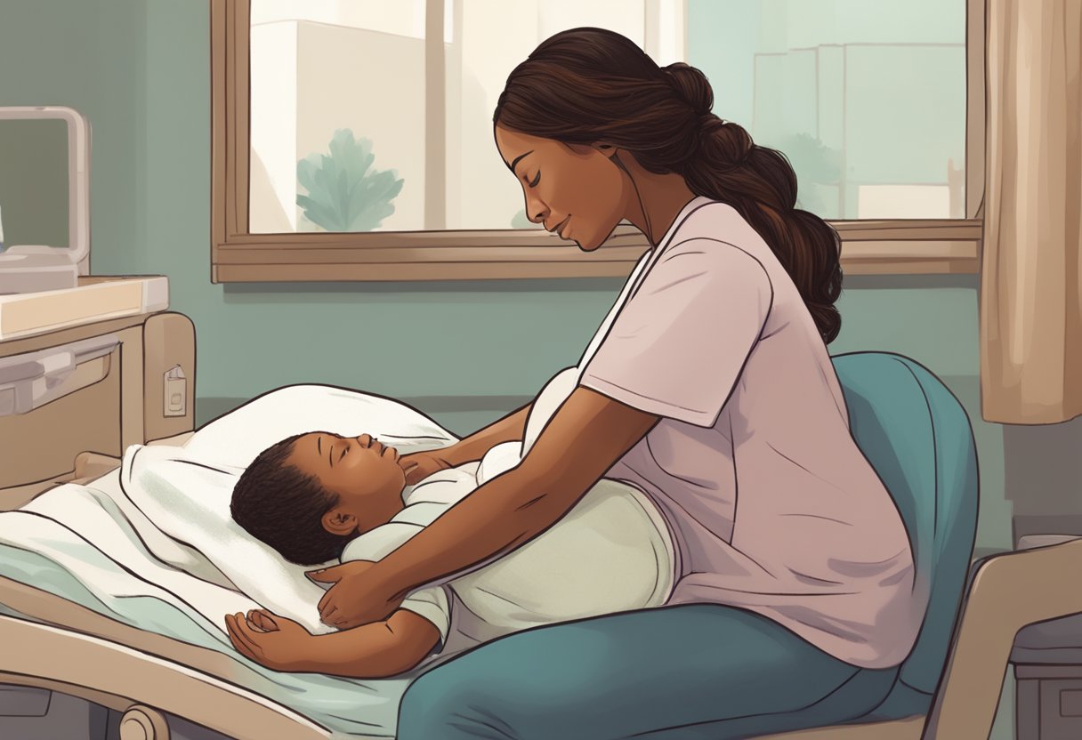 A doula comforting a laboring mother, providing emotional support and guidance during childbirth in a California hospital room