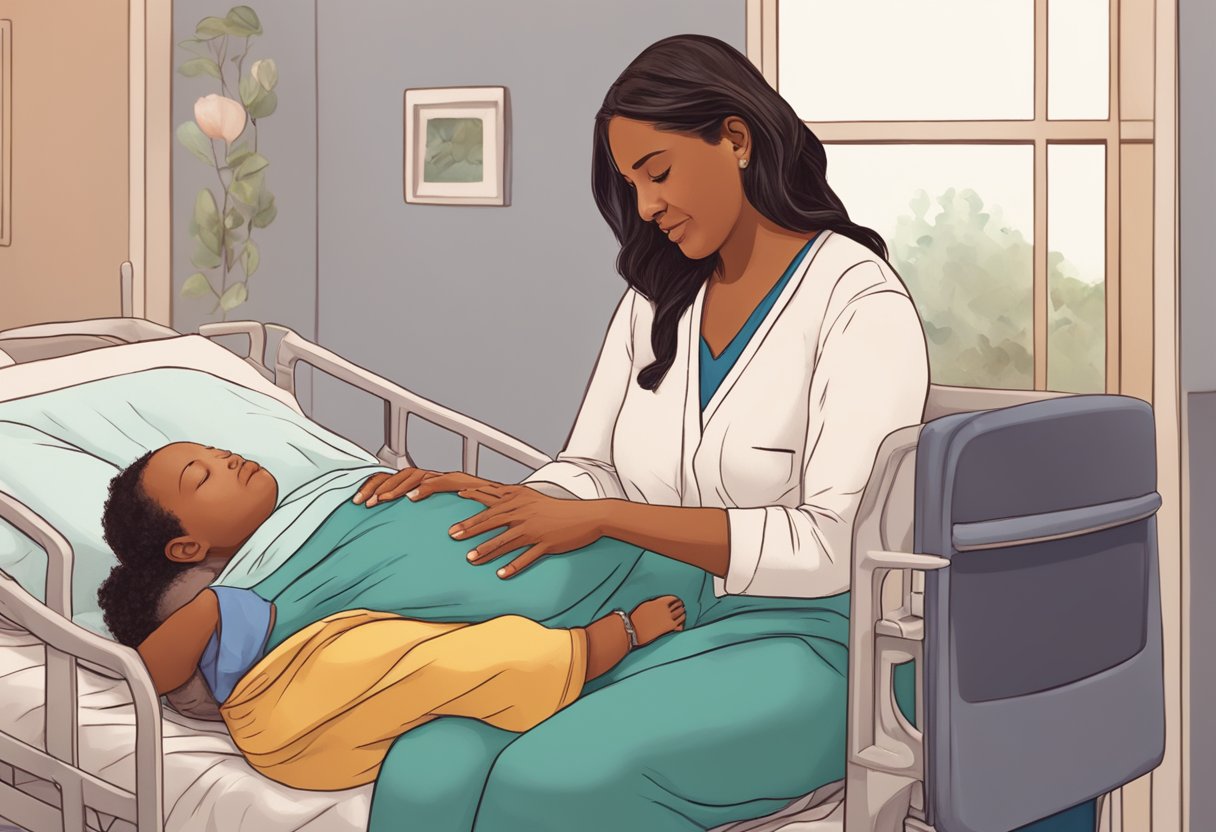 A doula comforting a laboring mother, providing emotional support and guidance during childbirth in a California hospital room