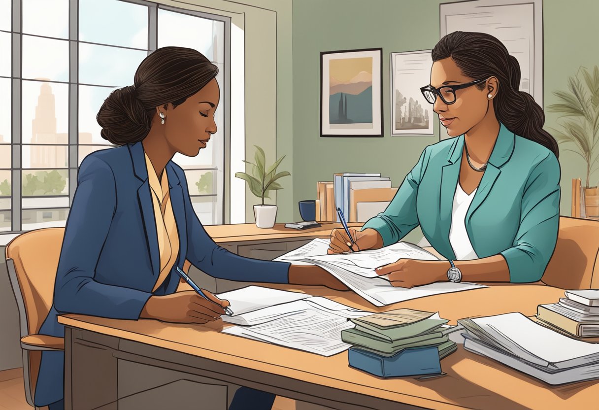 A doula studying legal documents with a mentor in a California office