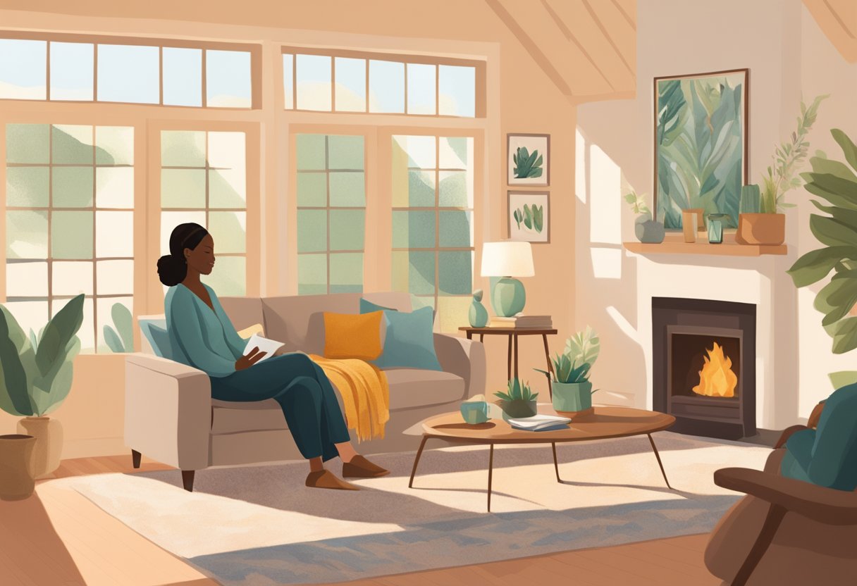 A new doula in California greeting a potential client in a cozy, sunlit living room, surrounded by calming decor and a warm, inviting atmosphere