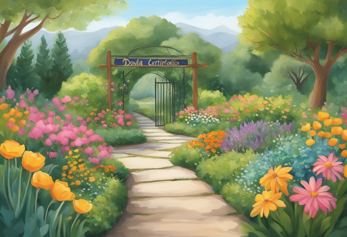 A serene pathway through a California garden, with colorful flowers and a sign for "Doula Certification" nestled among the greenery