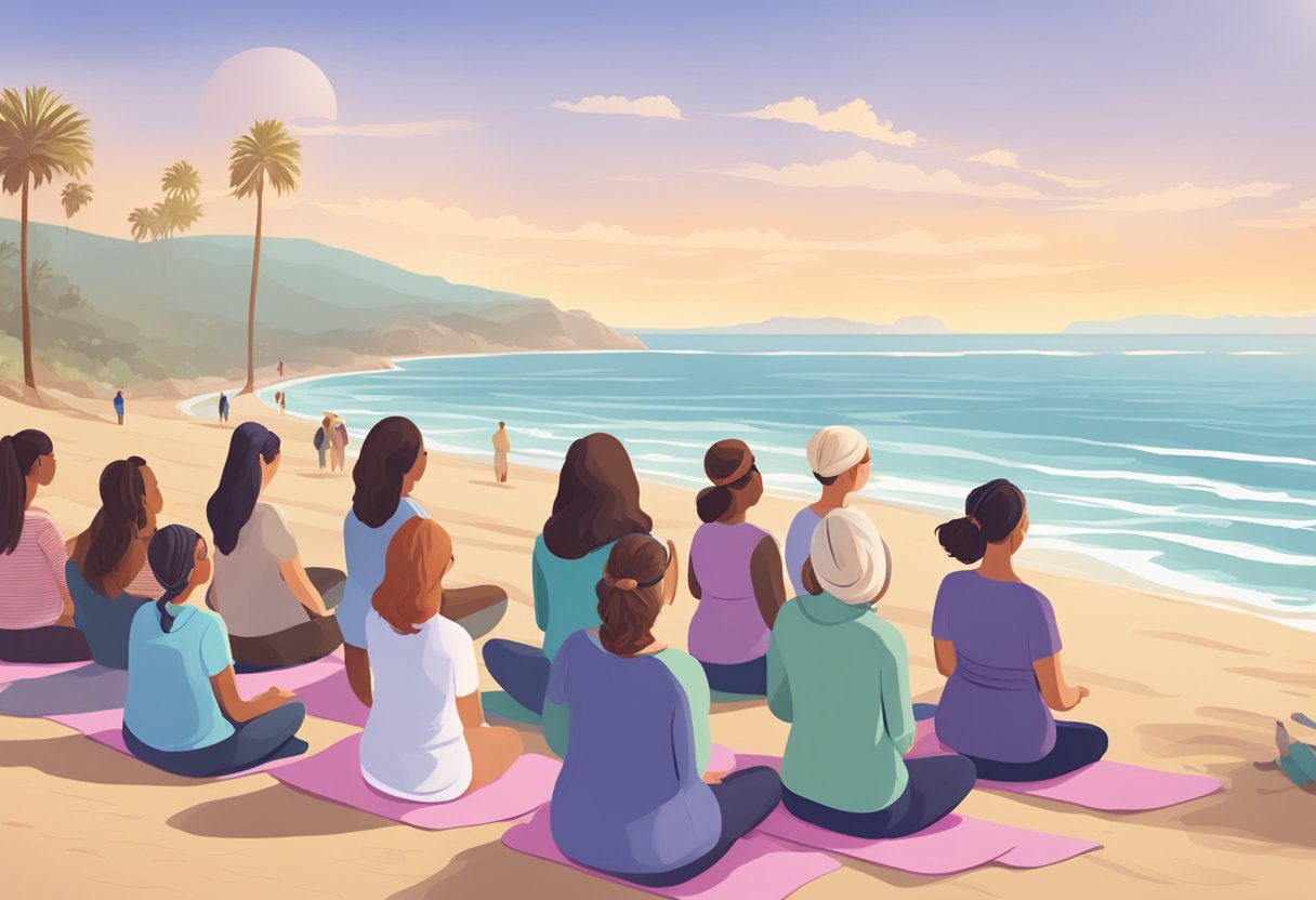 A sunny California beach with a serene ocean backdrop, where a group of pregnant women gather for a doula-led relaxation and mindfulness session