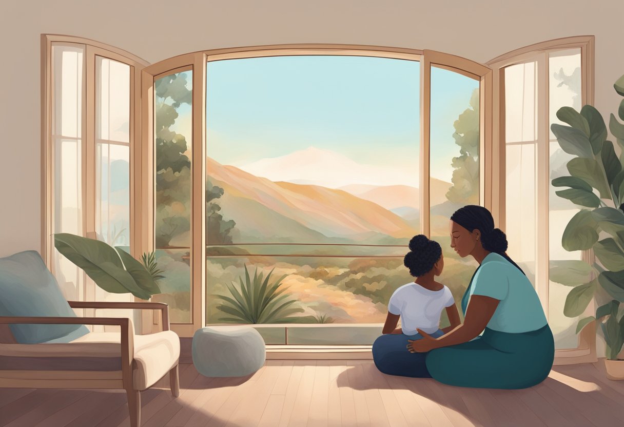 A doula sitting with a client, discussing birth plans and providing emotional support. California landscape visible through the window