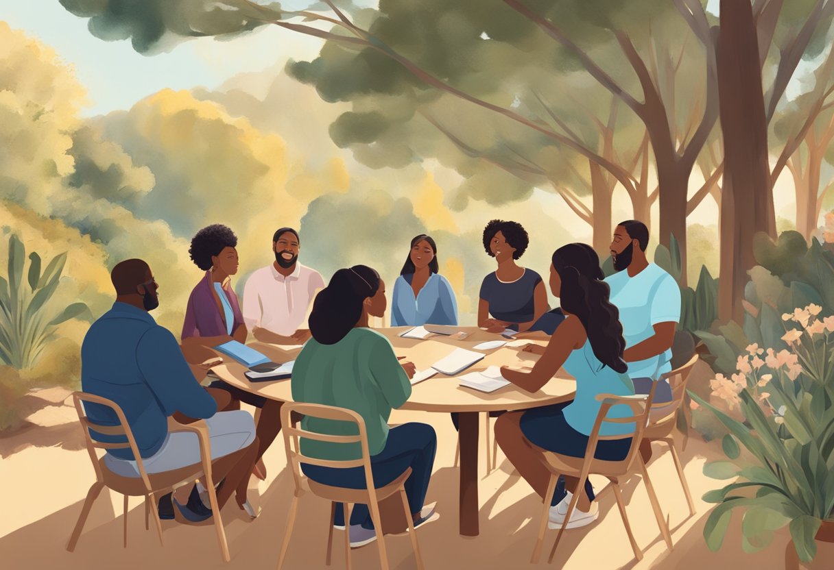 A group of diverse individuals gather in a sunny outdoor setting, surrounded by California's natural beauty. A sense of community and support is evident as they discuss doula scholarships and financial aid