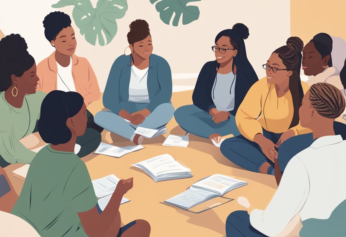 A group of diverse individuals gather in a circle, discussing and learning about doula scholarships and financial aid in California