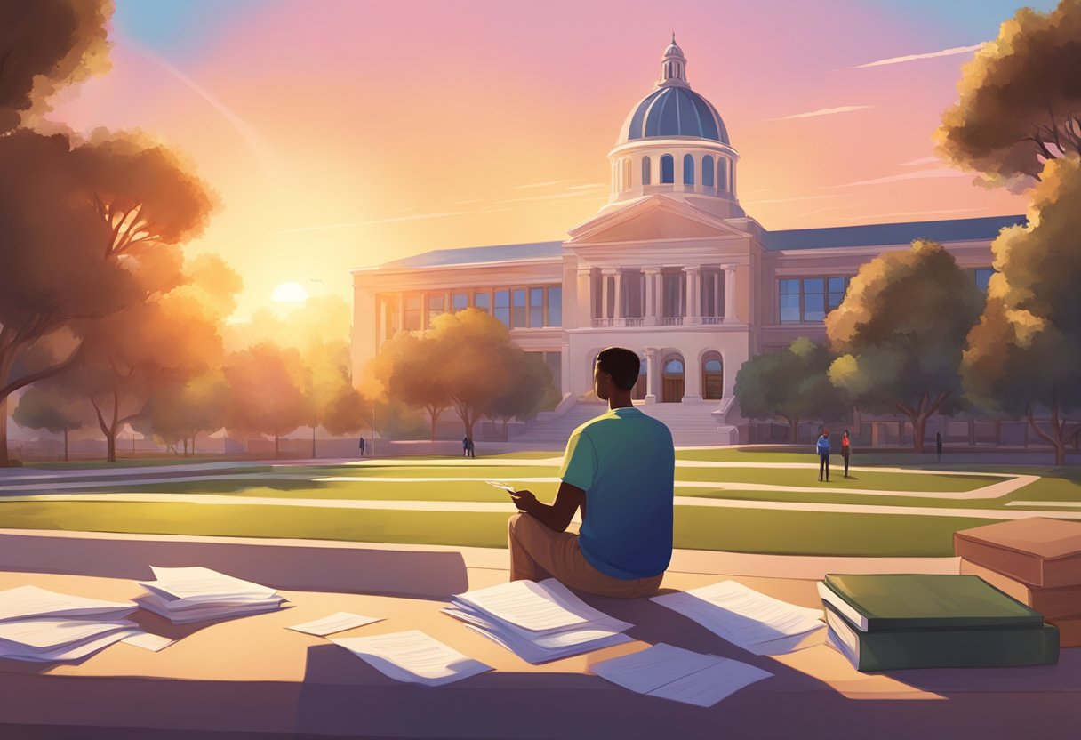 A bright California sunset over a university campus, with a figure holding a stack of scholarship and financial aid papers