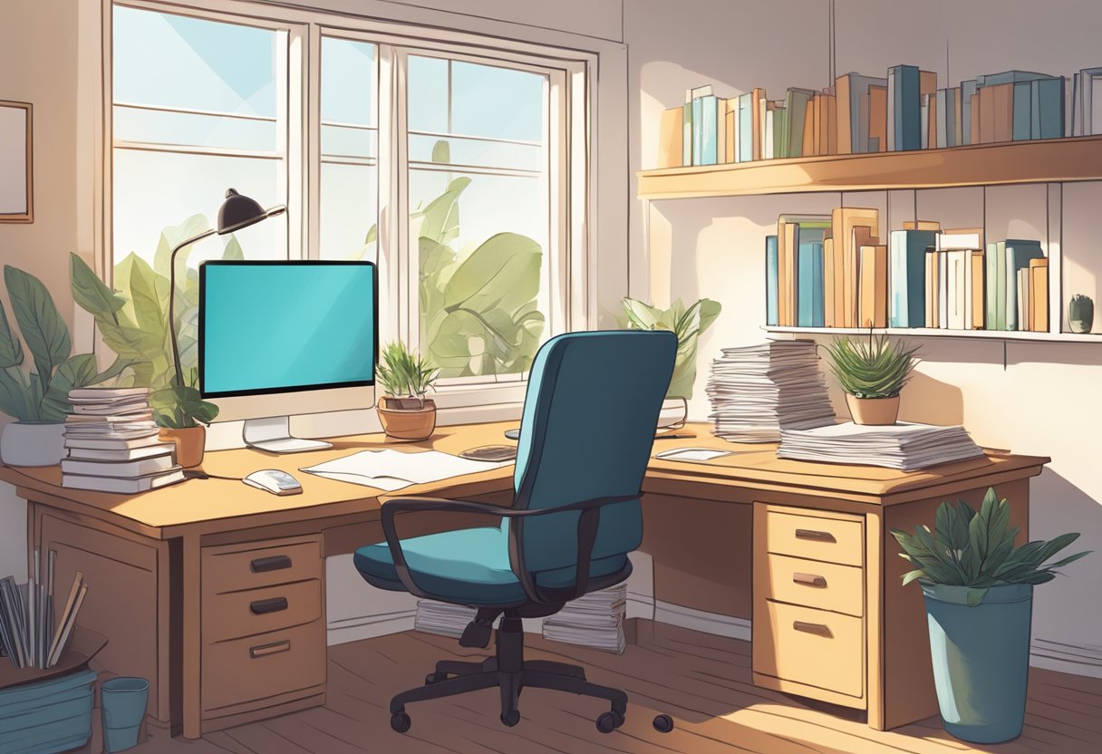 A serene, sunlit office with a desk covered in paperwork, a computer, and a shelf of books on doula training and financial aid